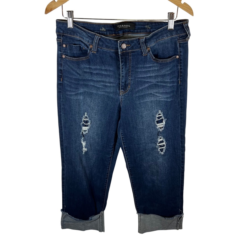 Liverpool Jeans Company The Capri Distressed Cuffed Crop‎ Jeans Dark Wash 12/31